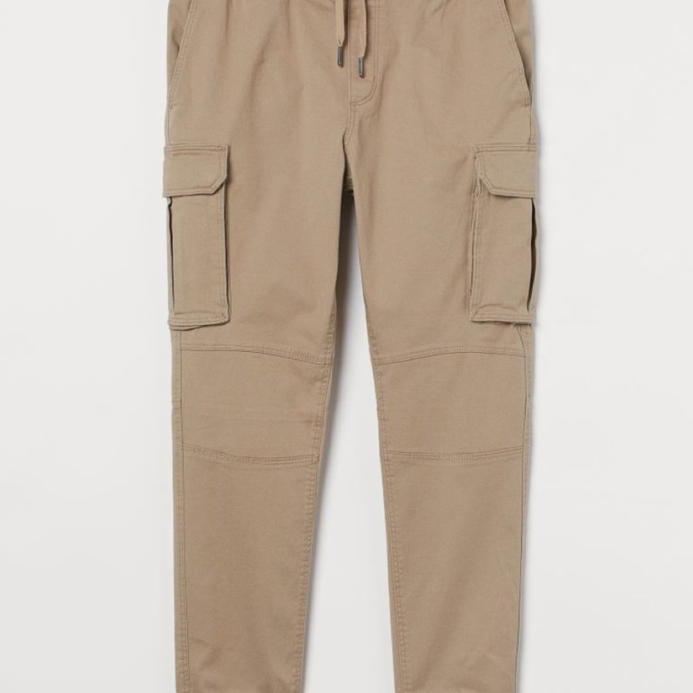 H&M Skinny Fit Cargo Men's Tan Joggers With Pockets Elastic Waist Drawstring XL